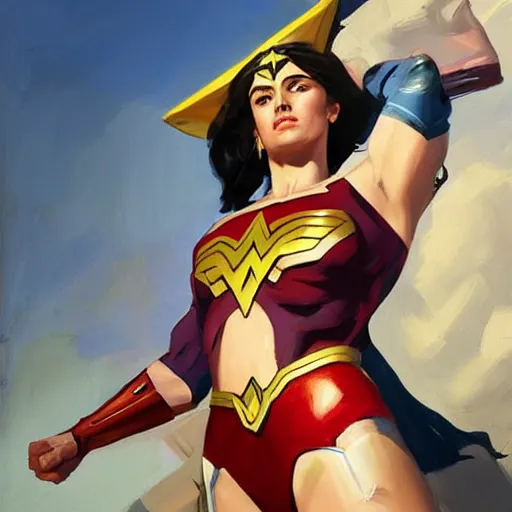 Image similar to greg manchess portrait painting of wonderwoman as overwatch character, medium shot, asymmetrical, profile picture, organic painting, sunny day, matte painting, bold shapes, hard edges, street art, trending on artstation, by huang guangjian and gil elvgren and sachin teng