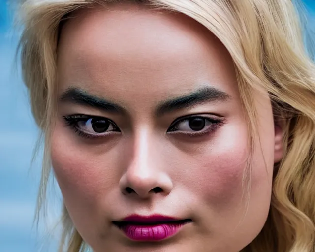 Image similar to asian margot robbie, hyper realistic face, cinematic, close - up, hyper detailed, 8 5 mm photograph, 8 k resolution, film still, sharp lens, wide lens