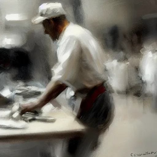 Image similar to low angle of the butcher's, closeup of a butcher working, artwork by craig mullins