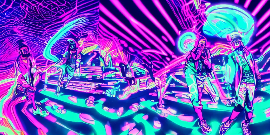 Image similar to rap duo performing with psychedelic light stage show, digital art, vapor wave, hip hop, tron, trending on Artstation, professional artist, detailed, 4k