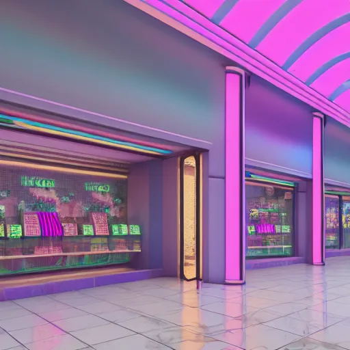 Image similar to vaporwave 9 0 s dreamy empty shopping mall, arcade storefront, highly detailed, 3 d render, vray, octane, realistic lighting, photorealistic