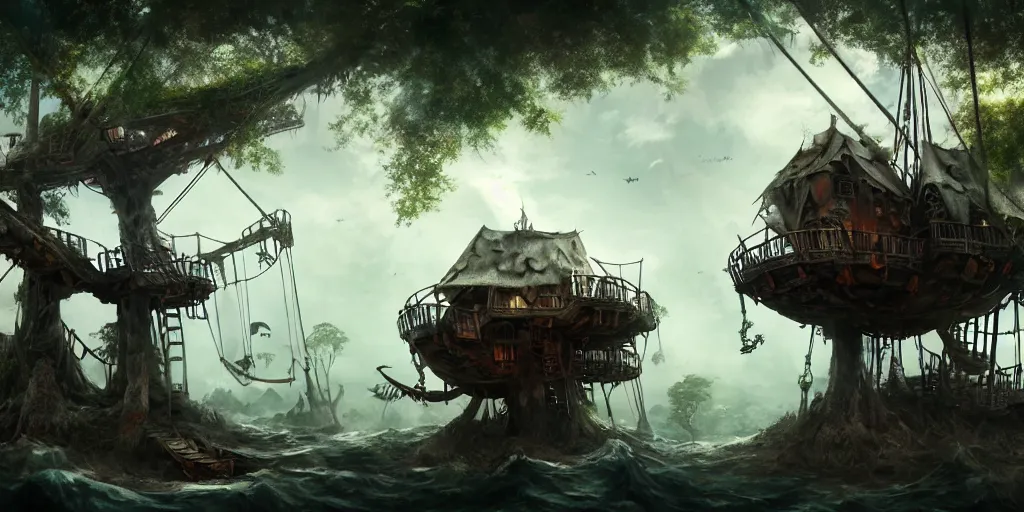 Image similar to A treehouse made out of a derelict pirate ship, torn sails, cargo net, crows nest, the treetops of giant oaks, game art matte painting hyperdetailed, artstation, cgsociety, 8k, surreal dream landscape