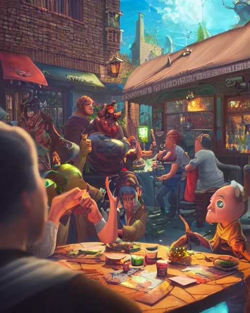 Prompt: an epic fantasy comic book style portrait painting of a group of men having a lan outside a restaurant, beers on the table, crowded, character design by mark ryden and pixar and hayao miyazaki, unreal 5, daz, hyperrealistic, octane render, cosplay, rpg portrait, dynamic lighting, intricate detail, summer vibrancy, cinematic,