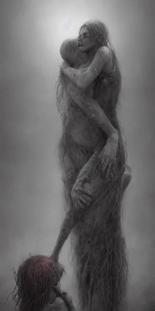 Image similar to death child and women hugging, in the style of keith thompson and zdzislaw beksinski, artstation hd, 8 k, surrealistic digital artwork, post apocalyptic street