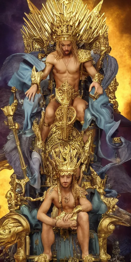 Prompt: 'https://s.mj.run/XICvAH fantasy, Young fit Atlantis king sitting on throne, a golden crown on his head, shirtless and a white falcon on his shoulders, moody lighting, octane 8k, by brian froud, Trending on ArtStation'