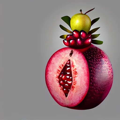 Prompt: realistic fruit character that looks just like michelle obama as a pomegranate, 8 k, fruit eyes, fruit world, beautiful matte painting, by johfra bosschart, hyper realistic, studio lighting, octane render