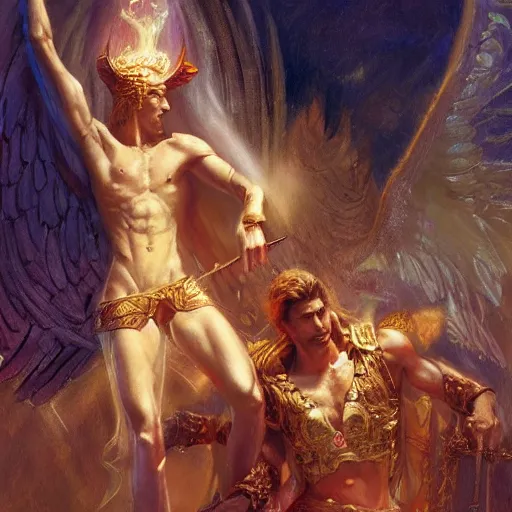 Image similar to attractive male deity casts light spell, summons attractive male lucifer morningstar. highly detailed painting by gaston bussiere, craig mullins, j. c. leyendecker 8 k