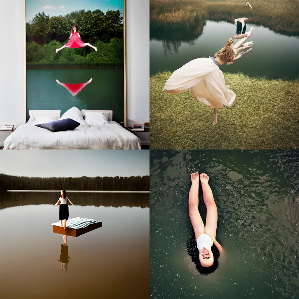 Prompt: girl hovering above her bed which floats in a lake, award winning photo in the style of Maia Flore