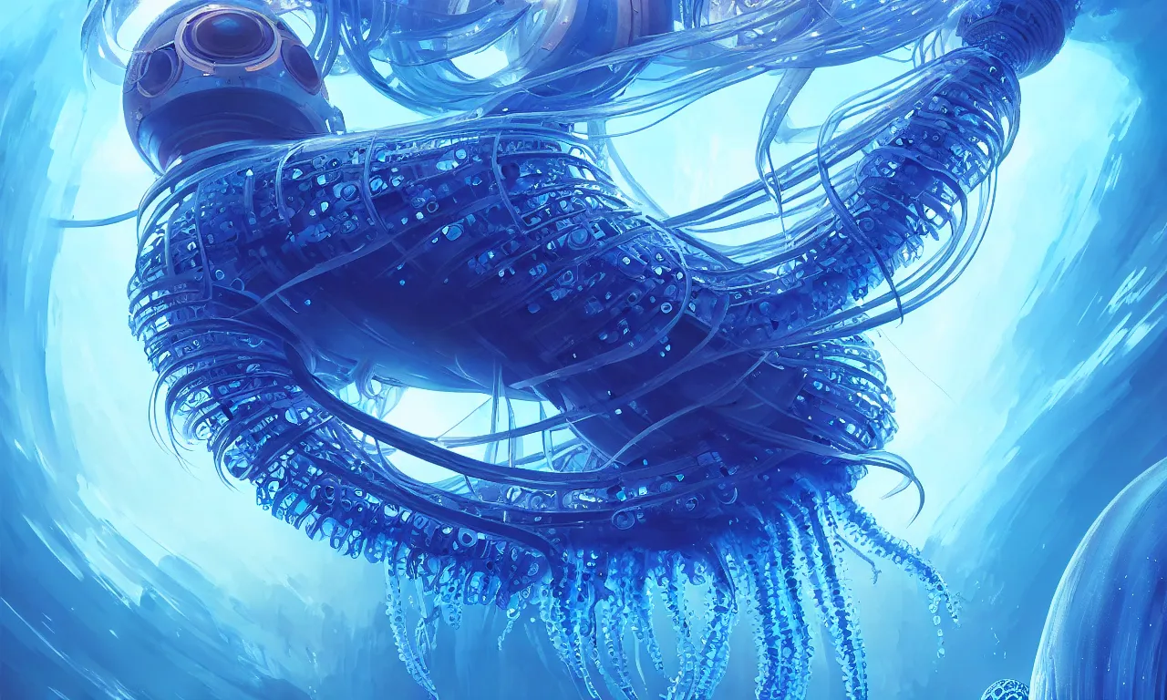 Image similar to Panorama hyper detailed painting of a cyberpunk jellyfish, blue tones, underwater, 8 mm, highly detailed, digital painting, artstation, concept art, smooth, sharp focus, illustration, art by artgerm and greg rutkowski and alphonse mucha