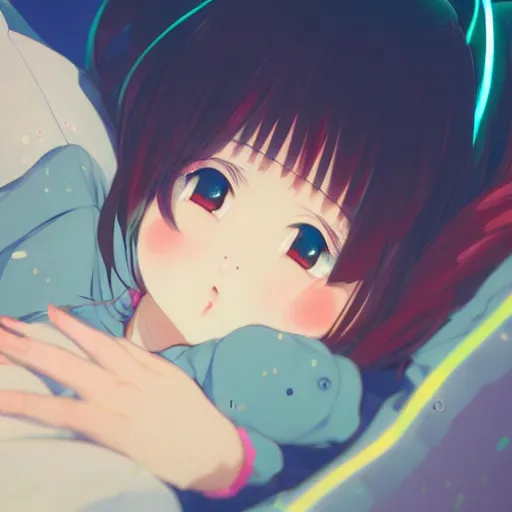 Image similar to a cute anime girl sleeping!!! in a neon lit street, wlop, ilya kuvshinov, artgerm, krenz cushart, greg rutkowski, hiroaki samura, range murata, james jean, katsuhiro otomo, erik jones, serov, surikov, vasnetsov, repin, kramskoi 4 k