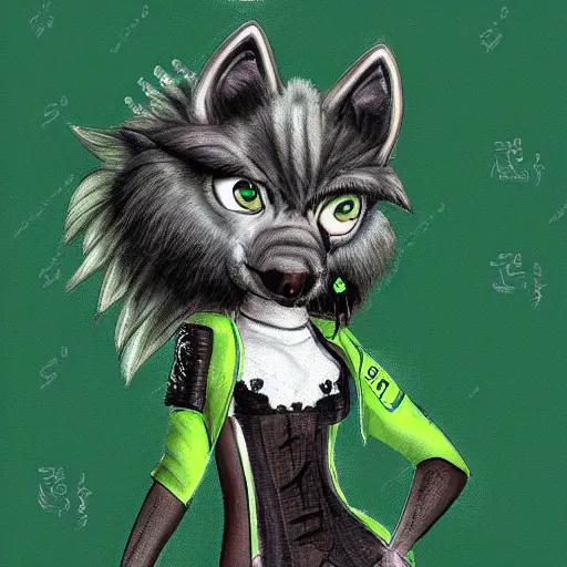 Image similar to Beautiful digital painting of an anthro anthropomorphic pastel-green wolf, Punk outfit. cute