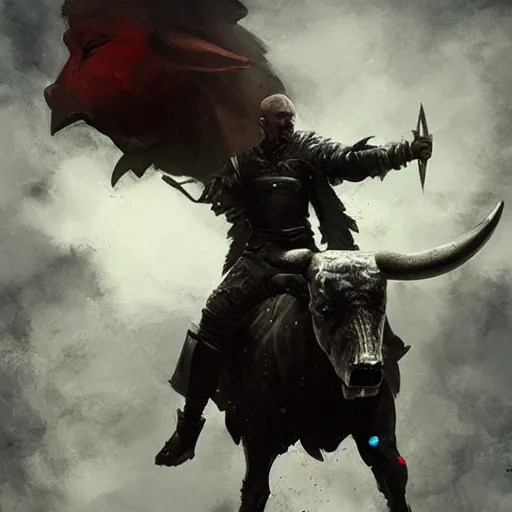 Image similar to Walter white as a dark fantasy warrior riding a bull, made by Greg Rutkowski