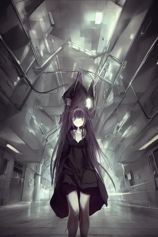 Image similar to Digital anime art by WLOP and Mobius, The hallway of a science complex, escaping test subject, a girl with dangerous psychic glow, wearing hospital gown, chains on wrists, angry expression, highly detailed, intriguing lighting