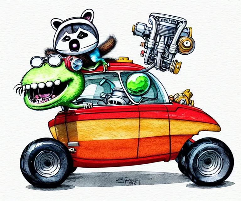 Image similar to cute and funny, racoon wearing a helmet riding in a tiny hot rod with oversized engine, ratfink style by ed roth, centered award winning watercolor pen illustration, isometric illustration by chihiro iwasaki, edited by range murata, tiny details by artgerm and watercolor girl, symmetrically isometrically centered