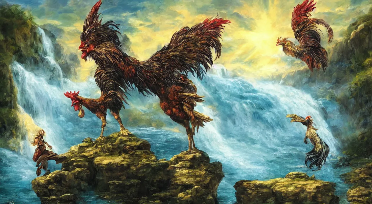 Prompt: knight fighting a giant rooster in front of a waterfall, fantasy, sunshine, holy, light rays, in the style of boris vallejo