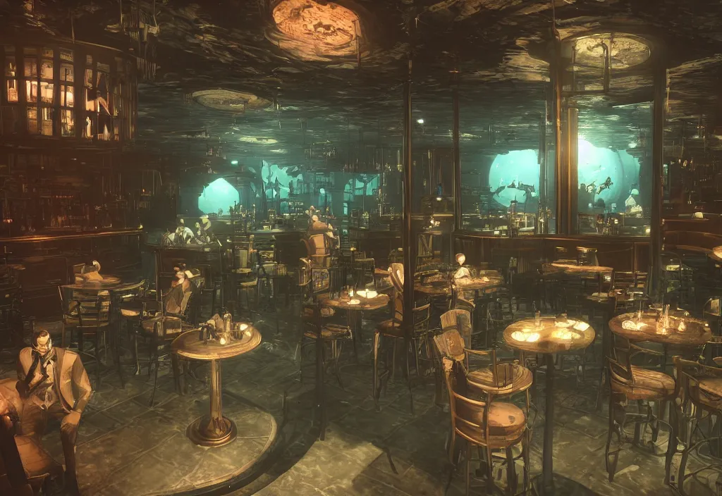 Image similar to In the world of rapture from the world of bioshock you are in a bar, there is a window that lets you see the whole city underwater and you are drinking a rum and coke, there are masks on the tables, there is a band playing in the corner