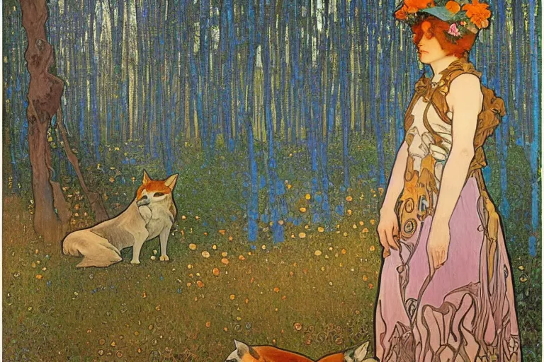 Image similar to landscape art nouveau painting of an old man dressed as a farmer and his fox in the forest, by alphonse mucha and gustav klimt and antoni gaudi, masterpiece,, warm shades of blue, silver, orange, gold, and pink, oil painting, high resolution, very detailed, oil on canvas, trending on artstation