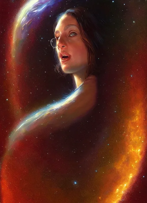 Prompt: georgia costanza flying through through the cosmos, cosmic horror painting, elegant intricate digital painting artstation concept art by mark brooks and brad kunkle detailed