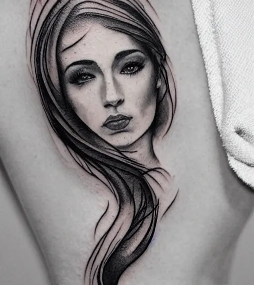 Image similar to tattoo design sketch of an extremely beautiful woman face with a faded background of stunning mountain view on her side, hyper - realistic, in the style of matteo pasqualin, amazing detail, black and white, faded