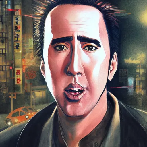 Image similar to beautiful amazing anime portrait painting of nicholas cage in tokyo. by satoshi kon, hayao miyazaki, kuvshinov ilya, lariennechan, aokamei