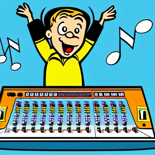 Prompt: cartoon illustration of a kid on a music studio mixing console in the style of The Beano