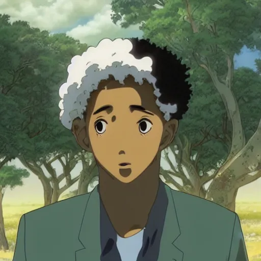 Image similar to a somali man with curly hair, anime style, studio ghibli, contemplative, beautiful, surreal, detailed, dreamy, philosophical