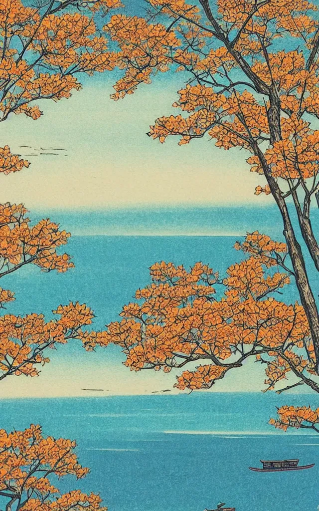 Prompt: 🌅 🏝 🍂 ⛩. shin - hanga.