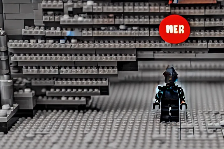 Image similar to a small faceless figure walking down a darkened stairway made of lego in a house at night, horror film