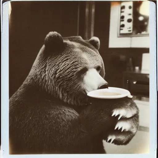 Image similar to a very beautiful old Polaroid picture of a bear drinking coffee inside a coffee shop, award winning photography