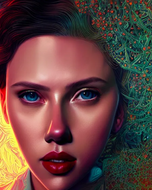 Image similar to highly detailed vfx portrait of scarlett johansson, red lipstick, global illumination, detailed and intricate environment by james jean and victo ngai and tristan eaton