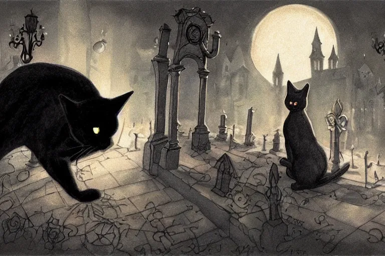 Image similar to black cat in graveyard at midnight halloween tattoo on shoulder by anton pieck, intricate, extremely detailed, digital painting, artstation concept art