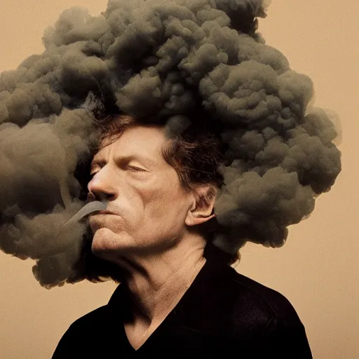 Image similar to annie liebowitz photo of a man who's head is replaced with a puff of smoke