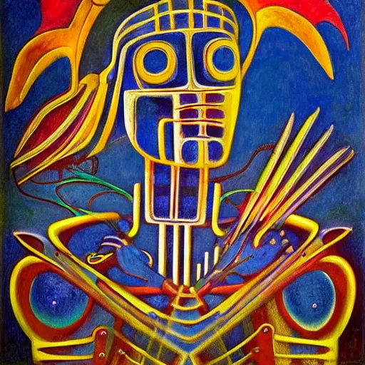 Image similar to portrait of a robot shaman, by annie swynnerton and and rufino tamayo and jean delville and edward hopper and evelyn de morgan, art deco shaman, stylized geometric flowers, art brut, outsider art, symbolist, dramatic lighting, god rays, clean crisp graphics, smooth sharp focus, extremely detailed, adolf wolfli