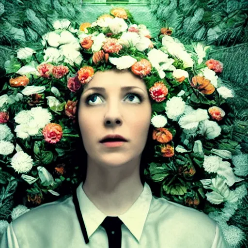 Image similar to movie still of the girl with the flowers head, cinematic composition, cinematic light, dream effect, dream atmosphere, by edgar wright and david lynch,