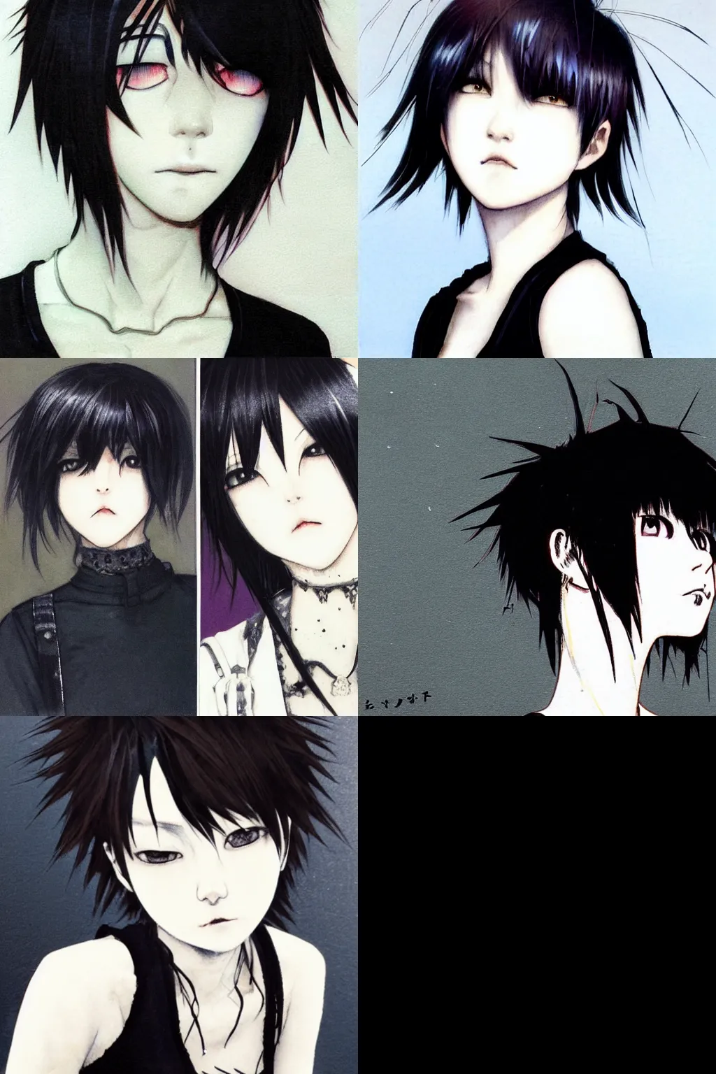 Prompt: an emo portrait by yoshitaka amano. her hair is dark brown and cut into a short, messy pixie cut. she has a slightly rounded face, with a pointed chin, large entirely - black eyes, and a small nose. she is wearing a black tank top, a black leather jacket, a black knee - length skirt, and a black choker..