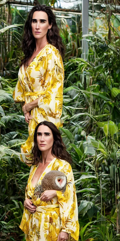 Prompt: Large format Portrait of Jennifer Connelly wearing a yellow kimono in a tropical greenhouse with a very detailed barn owl on her shoulder, medium format camera, 85mm f1.8, bokeh, sharp focus, detailed, centered, Fashion shoot 8k, dreamy, elegant