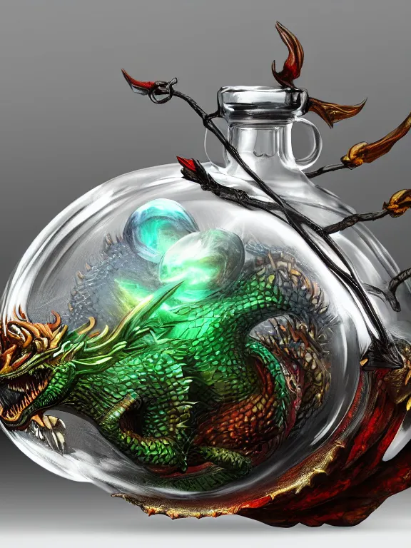 Image similar to fantasy dragon in a bottle, high detail, realism, 8 k, concept art