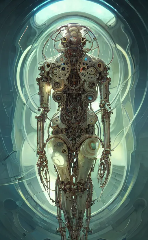 Image similar to Cyborg biomechanical jellyfish mantis, sci-fi, highly detailed, digital painting, artstation, concept art, smooth, sharp focus, illustration, art by artgerm and greg rutkowski and alphonse mucha