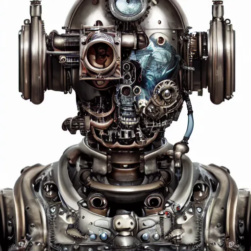 Prompt: a beautiful intricate fine art portrait photo of a a mechanical industrial steampunk cybernetic robot making silly funny faces, by tom bagshaw and zach sutton, roses surrounding the robot, perfection!, milk bath photography, studio lighting, 35mm lens, very detailed, bionic, cybernetic scifi, deep depth of field, artstation, 8K, highly coherent