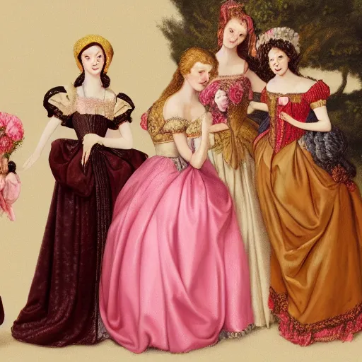 Image similar to group of skinny female artist wearing renaissance dresses, pink and gold flowers in the style of realism, cinematic, high octane render, tonalism, rococo, manga