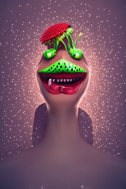 Image similar to hyperrealistic anthropomorphic cartoon 3 d unreal engine red and white polka dot venus fly trap shiny luscious lips slick wet tongue, cinematic lighting golden hour wedding photography