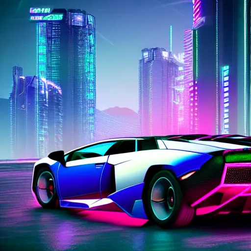 Prompt: epic professional digital art of photorealistic synthwave lamborghini murcielago driving through neon cyberpunk futuristic city towers, mountains in background, intricate, detailed, unreal engine 6, maya render