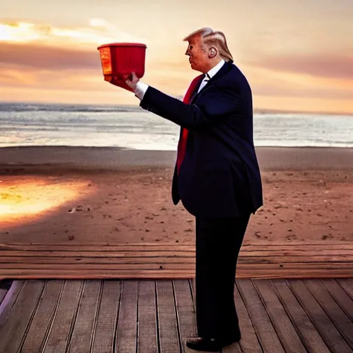 Prompt: donald trump throwing pudding onto citizens, citizens soaked with pudding, golden hour, boardwalk, professional photography