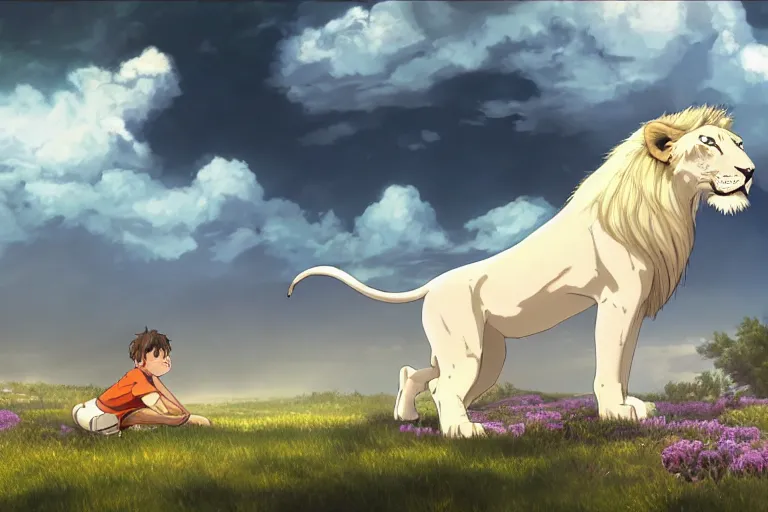 Image similar to a vast scene, panorama distant view, hyper detailed scene render of a boy and white lion, gather in the center of the picture, finely detailed perfect face delicate features directed gaze, in the white clouds fairyland, golden curve structure, animation portrait concept art, trending on pixiv fanbox, violet evergarden, studio ghibli, james jean, extremely high quality artwork