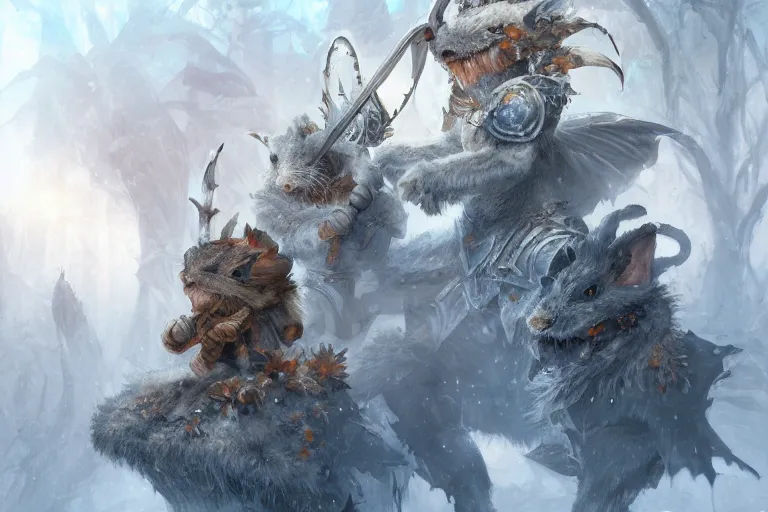 Prompt: dungeons and dragons fantasy painting, close order phalanx of mice spartans, 3 0 0, whimsical and cute, determined expressions, watery blue eyes, anime inspired, white fur, tufty whiskers, steel blades, dawn lighting, in an autumn glade by brain froud jessica rossier and greg rutkowski