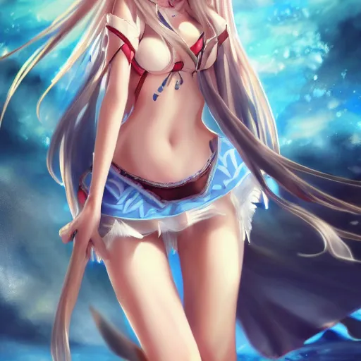 Image similar to a very beautiful mature yuuki asuna, full body, long wavy blond hair, sky blue eyes, full round face, bikini, miniskirt, front view, cute pose, highly detailed, cinematic wallpaper by stanley artgerm lau