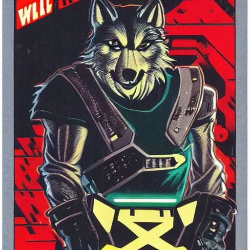 Image similar to 1 9 8 0 s video game art of anthropomorphic wolf o'donnell from starfox fursona furry wolf in a dark space mercenary uniform, looking heroic, magazine scan, 8 0 s game box art, dark grey wolf o'donnell