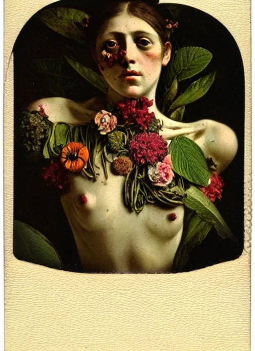 Prompt: beautiful and detailed rotten woman made of plants and many different types of flowers, muscles, intricate, organs, ornate, manet, gustave courbet, caravaggio, romero ressendi 1 9 1 0 polaroid photo