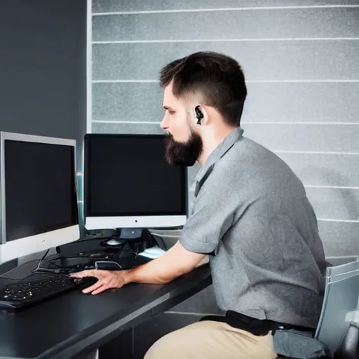 Prompt: dark-haired man with beard using desktop computer