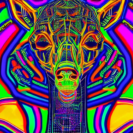 Image similar to a psychedelic neon technicolor portrait illustration of a cyberpunk giraffe in geometric kaleidoscopic colors trending on artstation 4 k intricate extremely detailed digital art